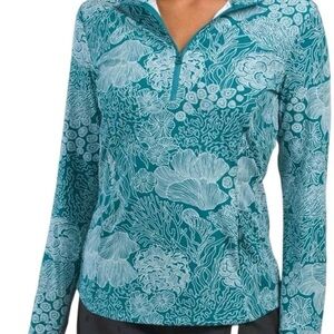 Tommy Bahama Golf 1/4 Pullover  Teal Sea Coral Womens Large Thumb holes Pocket